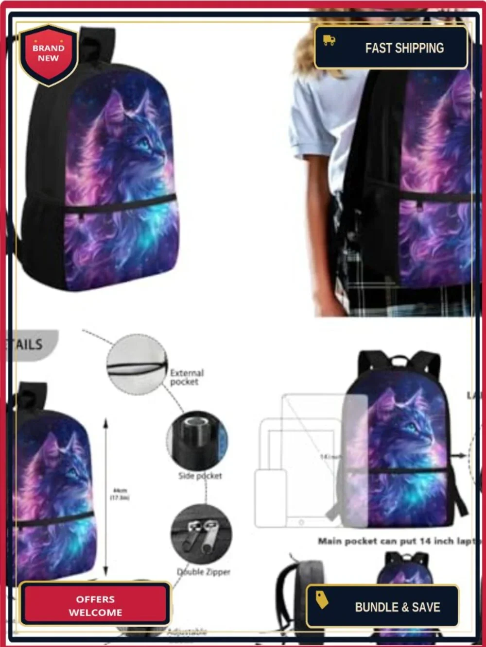Galaxy Cat Backpack with Lunch Box Set for Girls Kids School Bookbag Pencil
